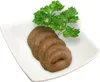 A white square plate with four round, brown food items and a sprig of green parsley on a white background. Produktbild-Vorschau