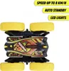 A remote-controlled toy car with yellow wheels and a black and yellow body, shown from a slightly elevated front-side angle against a white background. Text overlays describe its features. Produktbild-Vorschau