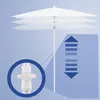 A white umbrella is shown with a close-up of its height adjustment mechanism and a diagram indicating adjustable height. Produktbild-Vorschau