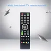 A black universal TV remote control is shown against a light gray and white background with abstract geometric shapes. Podgląd zdjęcia produktu