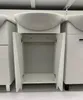 A white bathroom vanity with an open cabinet and a sink on top. Anteprima dell’immagine prodotto