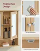 A collage of images showcasing the features of a wooden medicine cabinet with mirrored doors. Produktbild-Vorschau