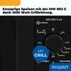 Close-up of a black microwave oven control panel with marketing text and overlays. Produktbild-Vorschau