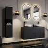 A modern bathroom with a black vanity, sinks, faucets, mirrors, and a tall cabinet. Produktbild-Vorschau