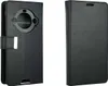 A black leather flip case for a smartphone is shown from two angles against a white background. Náhled obrázku produktu