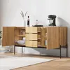 A wooden sideboard with open doors and drawers, displaying kitchenware and a coffee machine. Anteprima dell’immagine prodotto