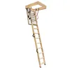A wooden attic ladder is extended from an attic opening. Produktbild-Vorschau