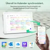 A digital calendar/picture frame and a smartphone are shown, with arrows indicating synchronization. Below are icons for various calendar services. Produktbild-Vorschau