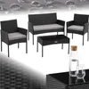 A black rattan garden furniture set with gray cushions, including a two-seater sofa, two armchairs, and a coffee table, displayed on a white background with water droplet graphics. Náhled obrázku produktu