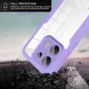 A close-up of a phone case with a purple bumper and a clear back, shown in a dramatic setting with debris falling around it. Produktbild-Vorschau