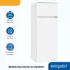 A white refrigerator with informational icons and text on the left, and the brand logo and slogan at the bottom right. Produktbild-Vorschau