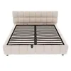 A beige upholstered bed frame with an open slat system, shown from a front-facing, slightly elevated angle against a white background. Produktbild-Vorschau