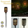 A collage of solar-powered garden lights with a flame effect, shown in different settings and close-ups. Produktbild-Vorschau