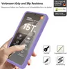 A hand holding a purple phone case with a phone inside, surrounded by marketing text and icons. Produktbild-Vorschau