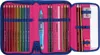 An open pencil case filled with colored pencils, a ruler, an eraser, and a sharpener. Produktbild-Vorschau
