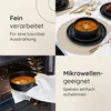 A collage of images showcasing a black dinnerware set, including a bowl of soup, and a bowl being removed from an oven. Voir les images du produit