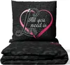 A bedding set with a pillow and folded duvet, featuring a black background with a leopard print pattern and a pink heart design with text. Produktbild-Vorschau