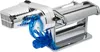 A chrome-plated electric pasta maker with blue plastic accents is shown against a white background. Voir les images du produit