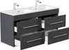A double vanity bathroom cabinet with two sinks and faucets, and multiple drawers. Produktbild-Vorschau