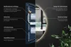 A close-up view of the back and side of a circular LED mirror, with descriptive text highlighting its features. Produktbild-Vorschau