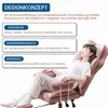 A woman relaxing in a pink ergonomic chair, with text overlays describing the chair's features. Produktbild-Vorschau