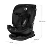 A black car seat is shown against a white background with dimensions indicated. Podgląd zdjęcia produktu