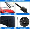 Collage of four images showcasing features of a car sunshade. Produktbild-Vorschau