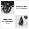 A collage of four images showcasing different features of a stroller, including its wheel, folded state, and dimensions, along with descriptive text. Produktbild-Vorschau