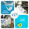 A collage of four images related to pool care products, showing product application, manufacturing, packaging, and the final result in a pool. Produktbild-Vorschau