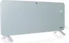 A white glass electric heater with a digital display and controls on a white background. Produktbild-Vorschau