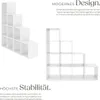 Two views of a white modular bookshelf, one from the side and one from the front, with marketing text. Produktbild-Vorschau