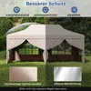 A beige gazebo is shown in two halves, one representing protection from water and sun, and the other showing rain. Close-ups of the fabric and its coating are also displayed. Produktbild-Vorschau