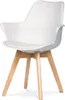 A white modern dining chair with wooden legs against a white background. Produktbild-Vorschau
