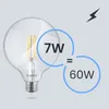 A clear LED light bulb is shown next to text indicating its wattage equivalence. Produktbild-Vorschau