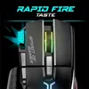 Close-up of a gaming mouse with RGB lighting and text overlays. Produktbild-Vorschau