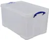 A clear, well-lit studio shot of a transparent plastic storage box with blue handles. Anteprima dell’immagine prodotto