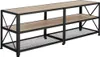 A long, multi-shelf media console with a wood-grain finish and black metal frame. Náhled obrázku produktu