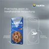 A VARTA hearing aid battery blister pack is shown, with an illustration of how to open and close the packaging. Produktbild-Vorschau