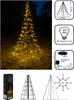 A collage of images showing a lit-up LED Christmas tree, diagrams of its dimensions and features, and its packaging. Produktbild-Vorschau