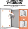 A stainless steel grill access door is shown open, with diagrams illustrating its reversible door design and opening angles. Náhľad obrázku produktu