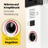 A close-up marketing image of a white electric heater, highlighting its controls and features with text overlays. Náhľad obrázku produktu