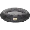 A dark gray, round, plush dog bed with a lighter gray interior and a small tan label on the front. Produktbild-Vorschau