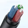 A close-up view of the end of a black audio cable, showing the exposed wires inside. The wires are color-coded blue, red, and green, with white insulation around them. The wires are twisted together and are surrounded by a black outer casing. Produktbild-Vorschau