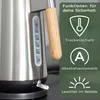 Close-up of a kettle with marketing text and icons on the right side. Produktbild-Vorschau