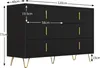 A black dresser with gold handles and legs, shown with dimensions indicated by measurement lines and text. Podgląd zdjęcia produktu