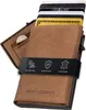 A brown leather cardholder with cards sticking out and a coin in a small pocket. Produktbild-Vorschau