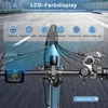 Close-up view of an electric bicycle's handlebars and front wheel, with a digital display showing performance metrics. Produktbild-Vorschau