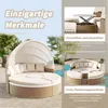 A round outdoor lounge set with a canopy, shown in a garden setting with a pool and trees. Voir les images du produit