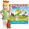 A figurine of Bibi Blocksberg holding a broom, standing next to a book cover featuring Bibi and another witch flying on brooms. Produktbild-Vorschau
