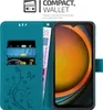 A teal wallet-style phone case is open, showing card slots and a phone screen. Produktbild-Vorschau